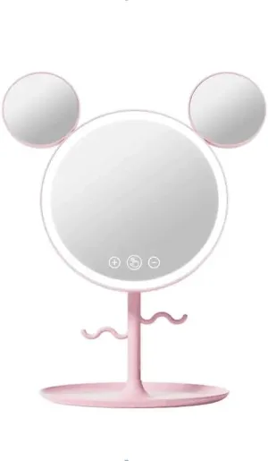 Lighted Vanity Mirror with Mouse Ears Design, Magnification, Pallet Storage, Jewelry Hook, for Dorm (Pink)