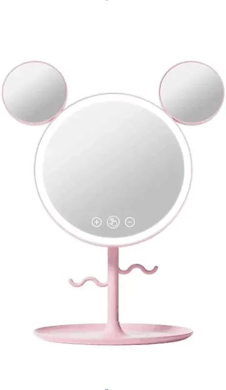Lighted Vanity Mirror with Mouse Ears Design, Magnification, Pallet Storage, Jewelry Hook, for Dorm (Pink)