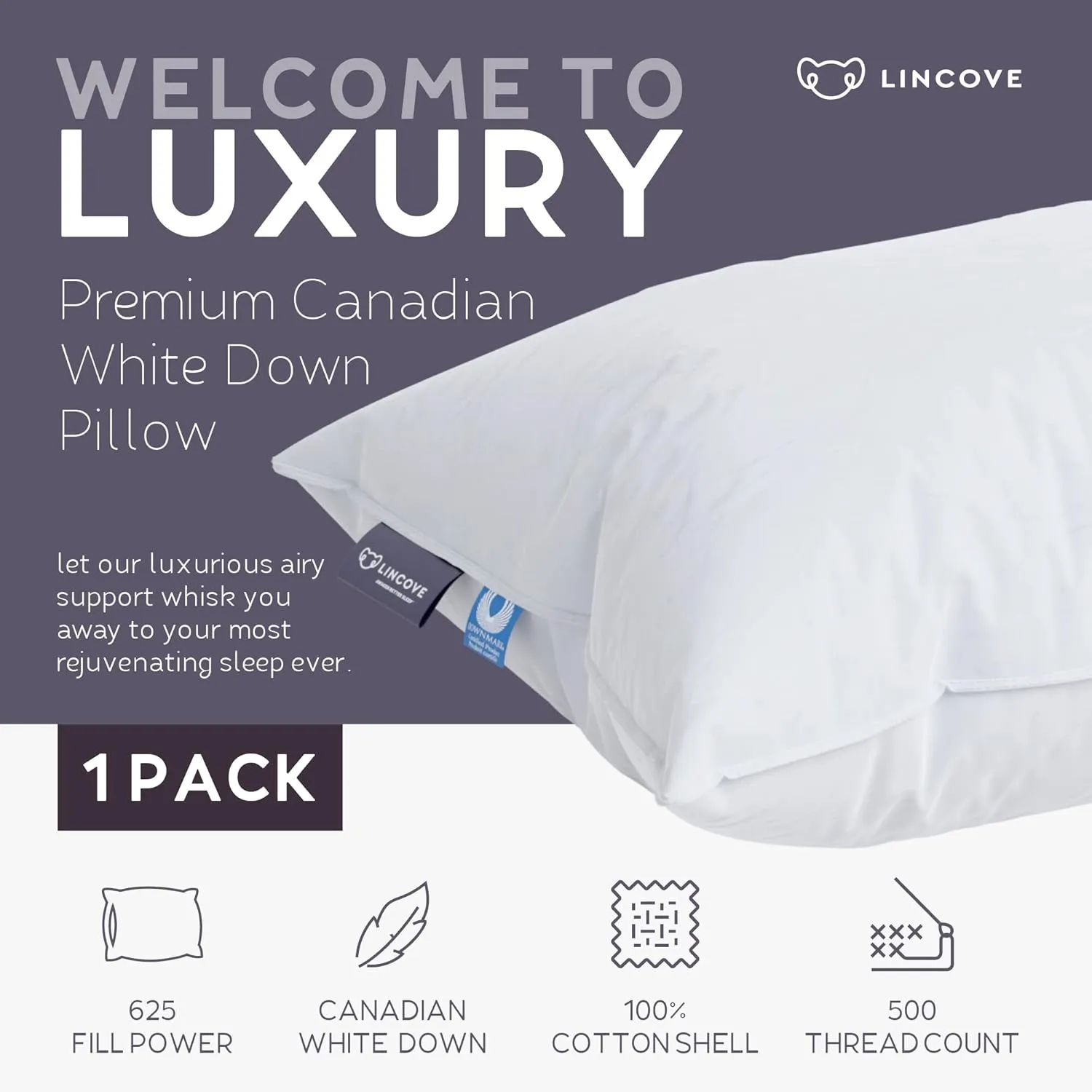 Lincove Cloud Natural Canadian Down Pillow, White Luxury Sleeping Pillow - 625 Fill Power, 500 Thread Count Cotton Shell, Made in Canada, Queen - Firm, 1 Pack