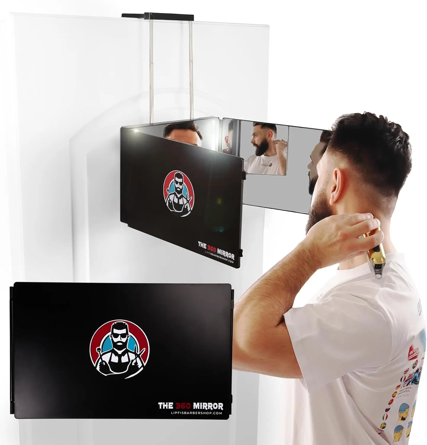 LIPFISBARBERSHOP.COM Door Mount, The 360° Mirror - 3 Way Mirror for Self Hair Cutting with Height Adjustable Telescoping Hooks (Black with LED Lights)