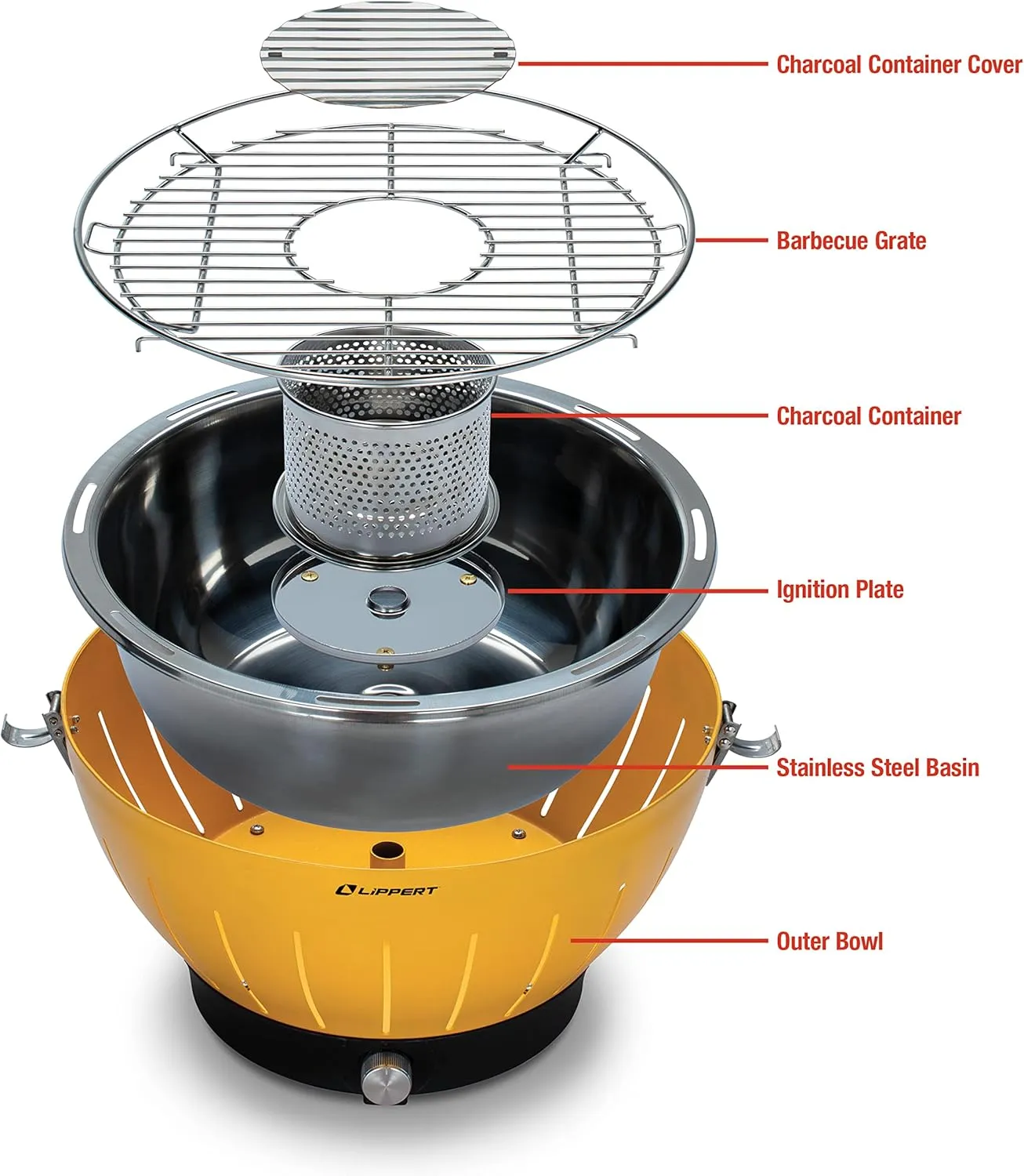 Lippert Odyssey Portable Grill - Compact and Versatile Charcoal Grill for Camping, Tailgating, and Outdoor Cooking - Lightweight and Durable Design with Large Cooking Surface - Red