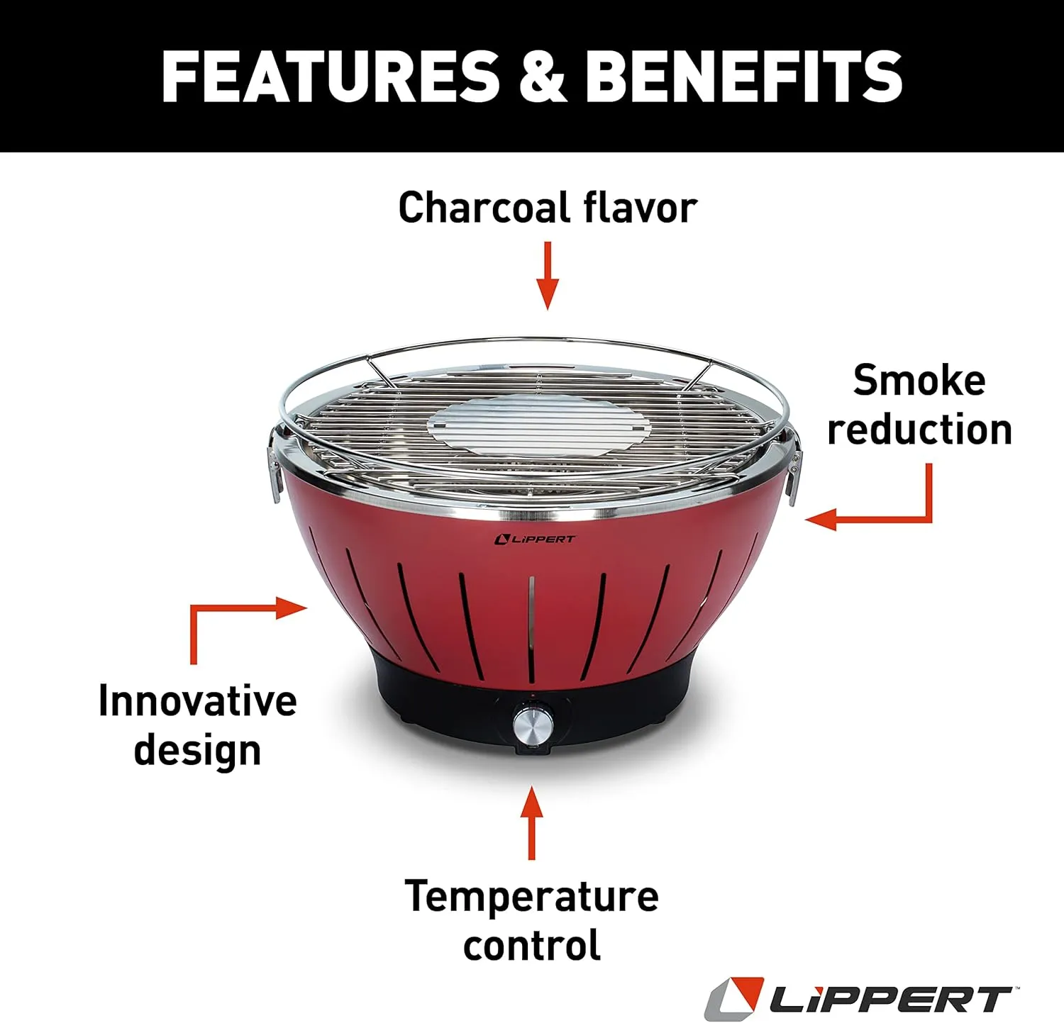 Lippert Odyssey Portable Grill - Compact and Versatile Charcoal Grill for Camping, Tailgating, and Outdoor Cooking - Lightweight and Durable Design with Large Cooking Surface - Red