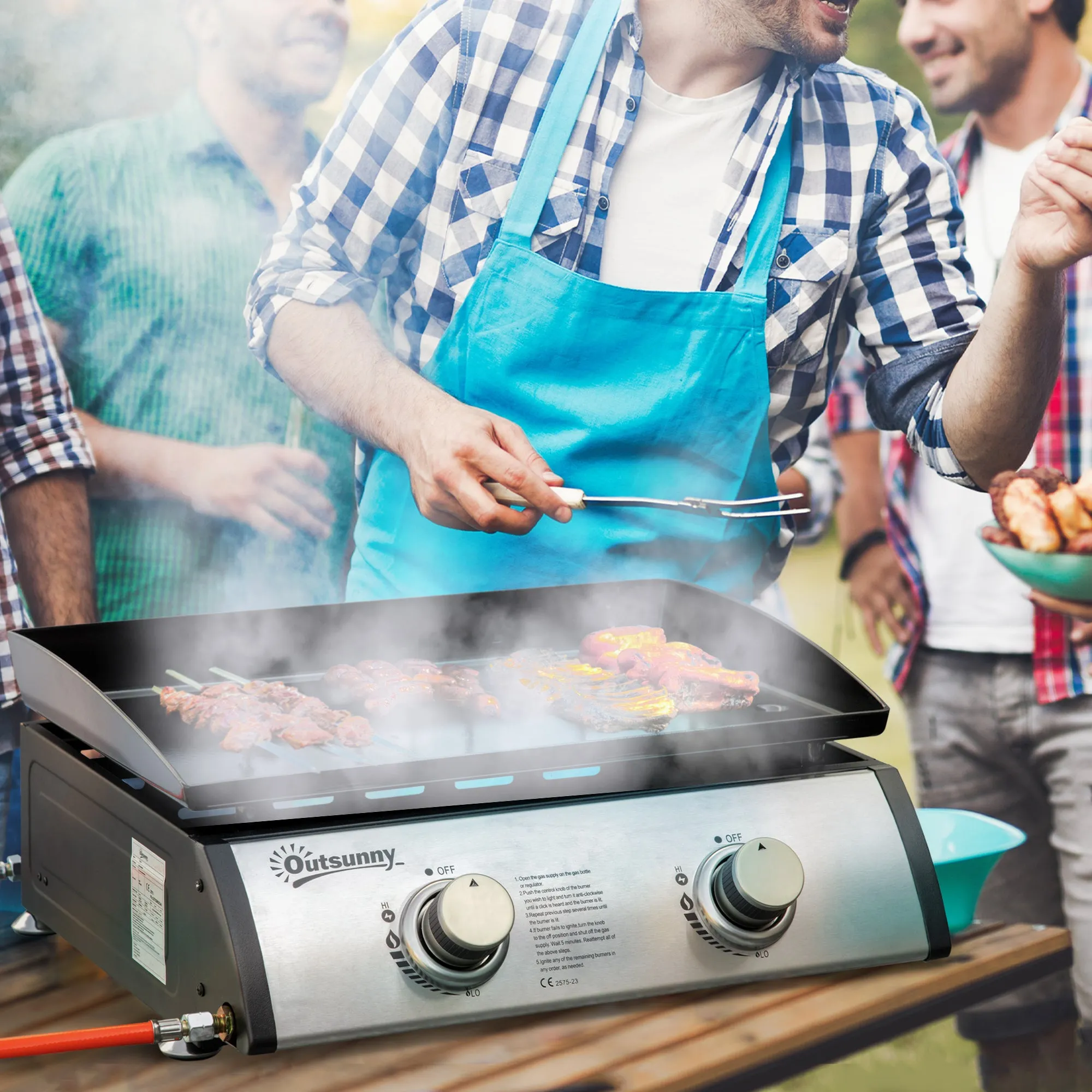Liquefied Gas Grill with 2 Stainless Steel Burners, Portable Tabletop Gas BBQ with Non-Stick Griddle, 90000 Each Burner for Camping, Picnic, Backyard, Silver