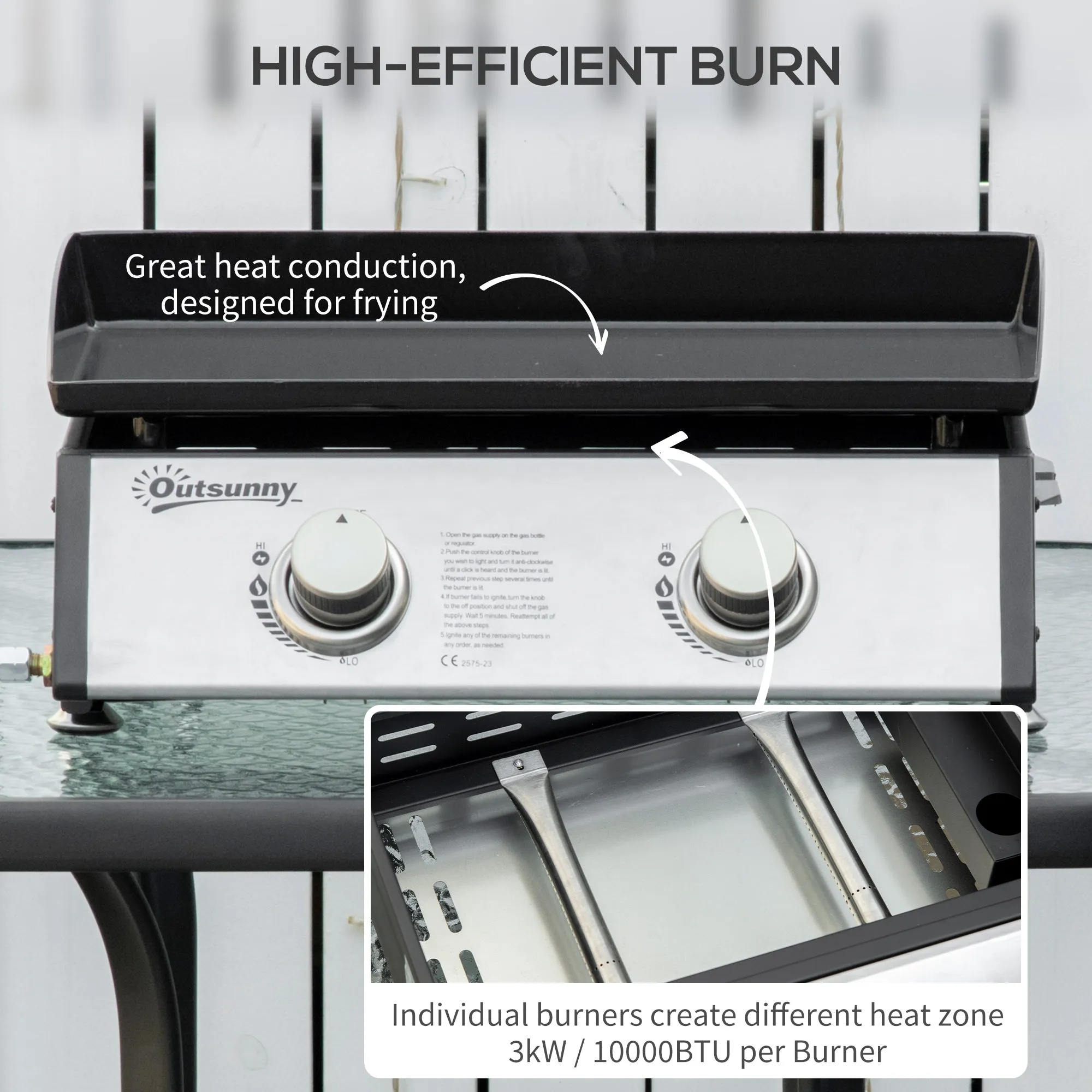 Liquefied Gas Grill with 2 Stainless Steel Burners, Portable Tabletop Gas BBQ with Non-Stick Griddle, 90000 Each Burner for Camping, Picnic, Backyard, Silver