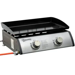 Liquefied Gas Grill with 2 Stainless Steel Burners, Portable Tabletop Gas BBQ with Non-Stick Griddle, 90000 Each Burner for Camping, Picnic, Backyard, Silver