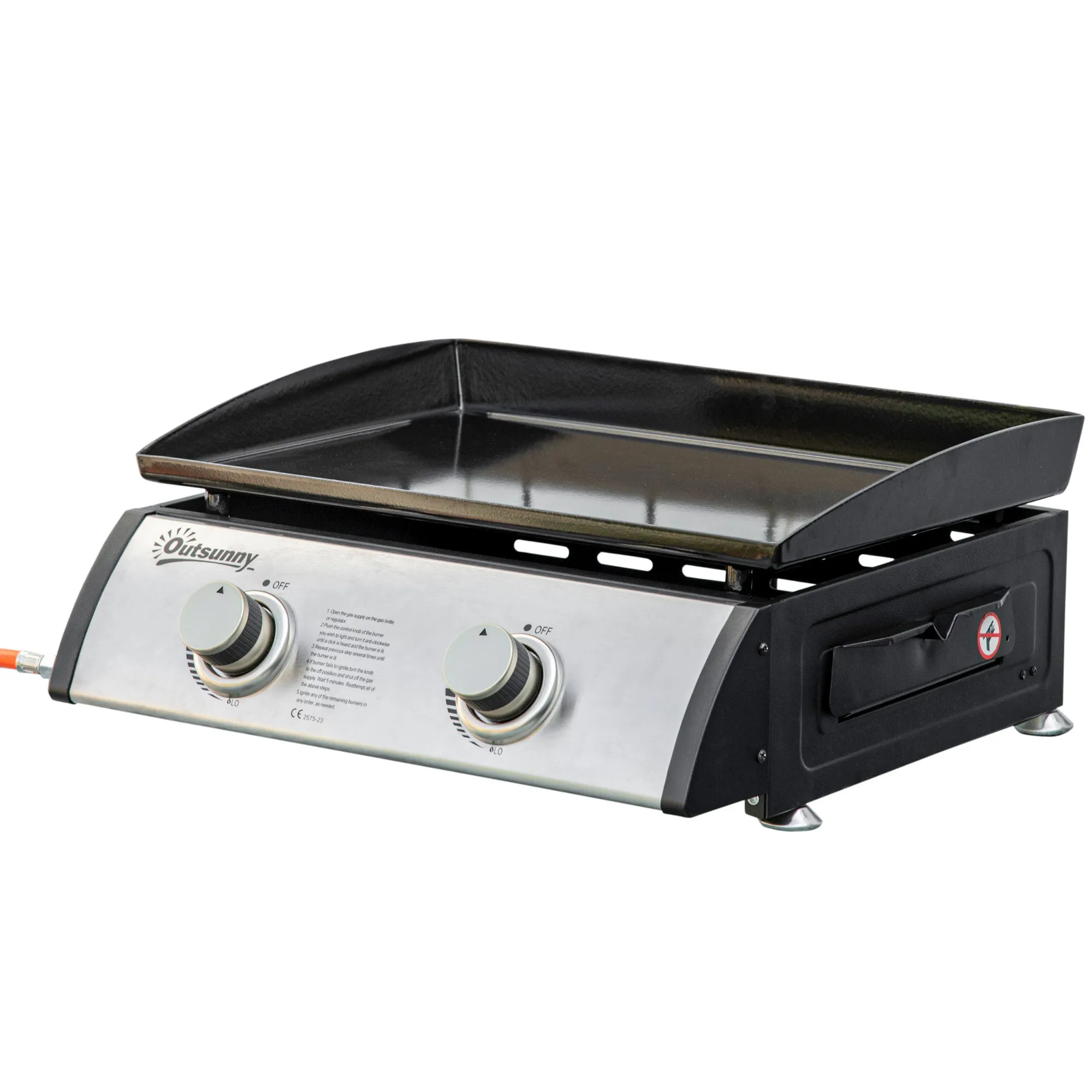 Liquefied Gas Grill with 2 Stainless Steel Burners, Portable Tabletop Gas BBQ with Non-Stick Griddle, 90000 Each Burner for Camping, Picnic, Backyard, Silver