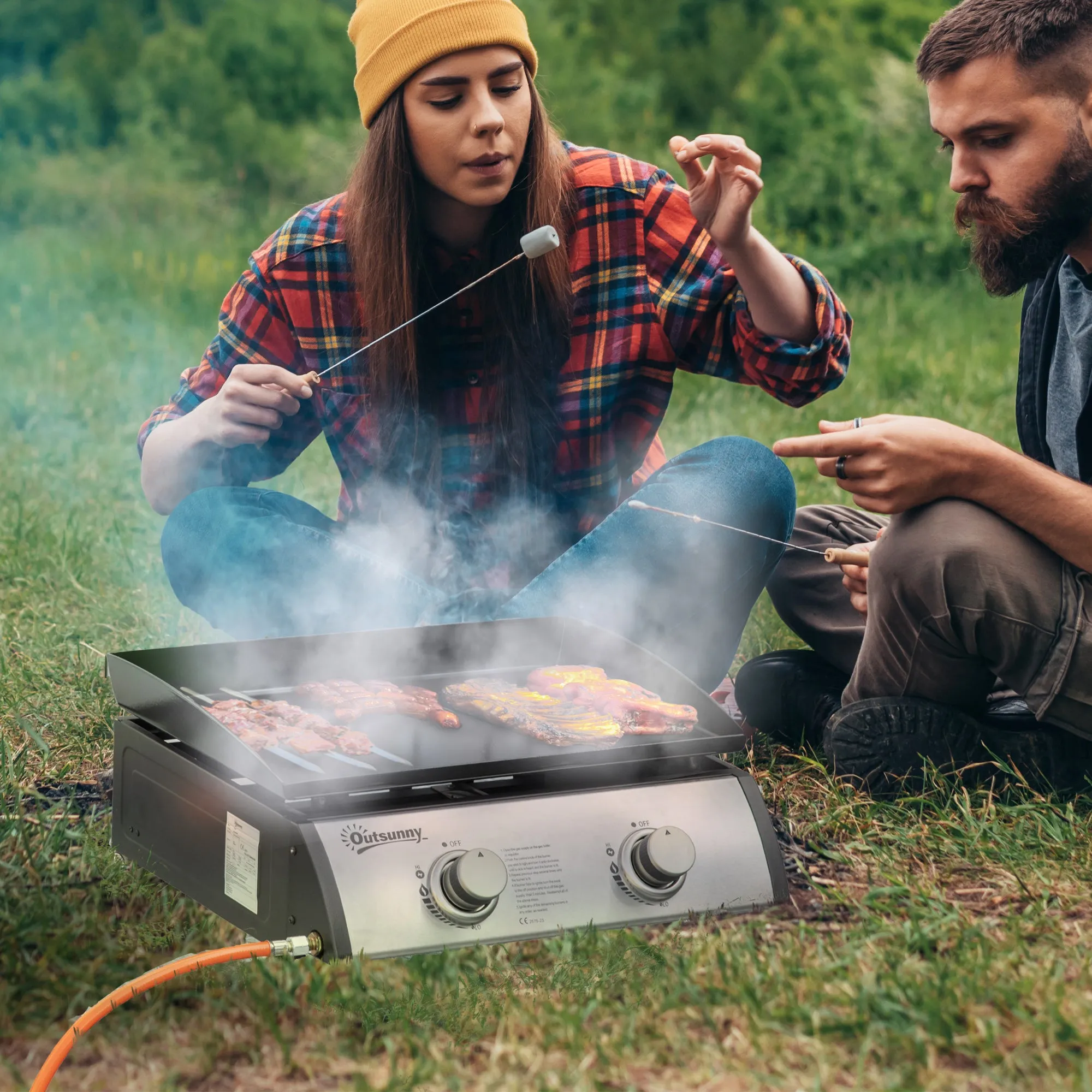 Liquefied Gas Grill with 2 Stainless Steel Burners, Portable Tabletop Gas BBQ with Non-Stick Griddle, 90000 Each Burner for Camping, Picnic, Backyard, Silver