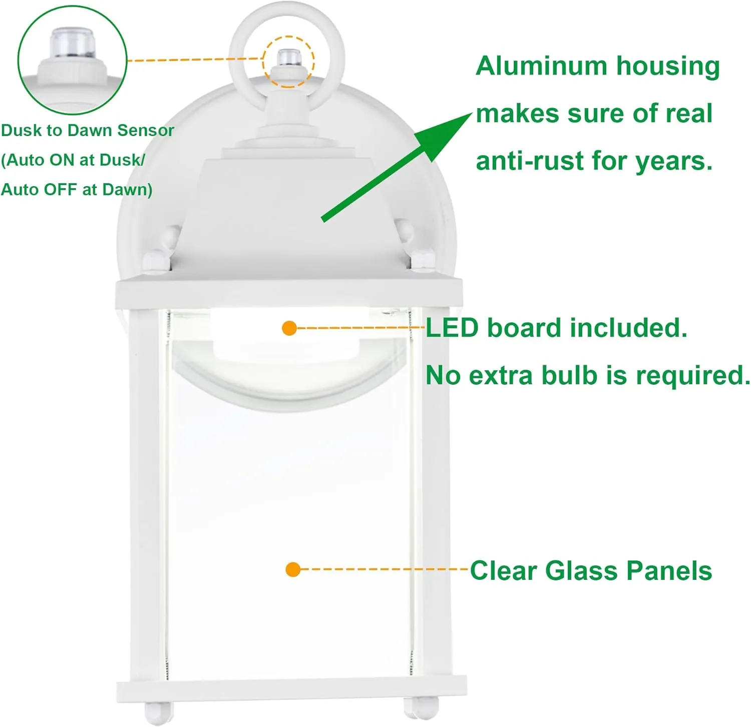 LIT-PaTH Small Outdoor LED Wall Lantern with Dusk to Dawn Photocell, 5000K Daylight White, 9.5W, 800 Lumen, Aluminum Housing Plus Glass, Outdoor Rated, 1-Pack, White