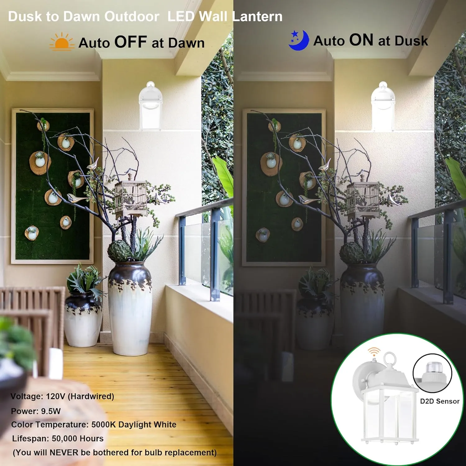 LIT-PaTH Small Outdoor LED Wall Lantern with Dusk to Dawn Photocell, 5000K Daylight White, 9.5W, 800 Lumen, Aluminum Housing Plus Glass, Outdoor Rated, 1-Pack, White