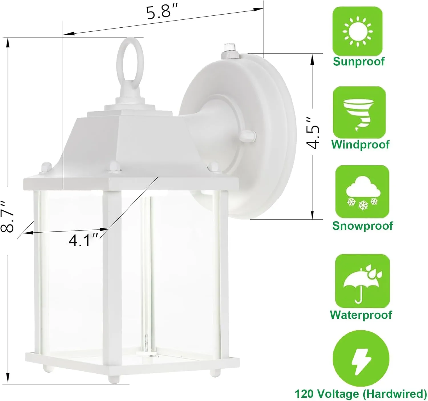 LIT-PaTH Small Outdoor LED Wall Lantern with Dusk to Dawn Photocell, 5000K Daylight White, 9.5W, 800 Lumen, Aluminum Housing Plus Glass, Outdoor Rated, 1-Pack, White