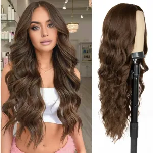 Long Chocolate Brown Wigs for Women,26 inch Lace Hairline Middle Part Long Curly Wig Heat Resistant Synthetic Hair Looking Natural, Fiber Wig for Daily Party Use