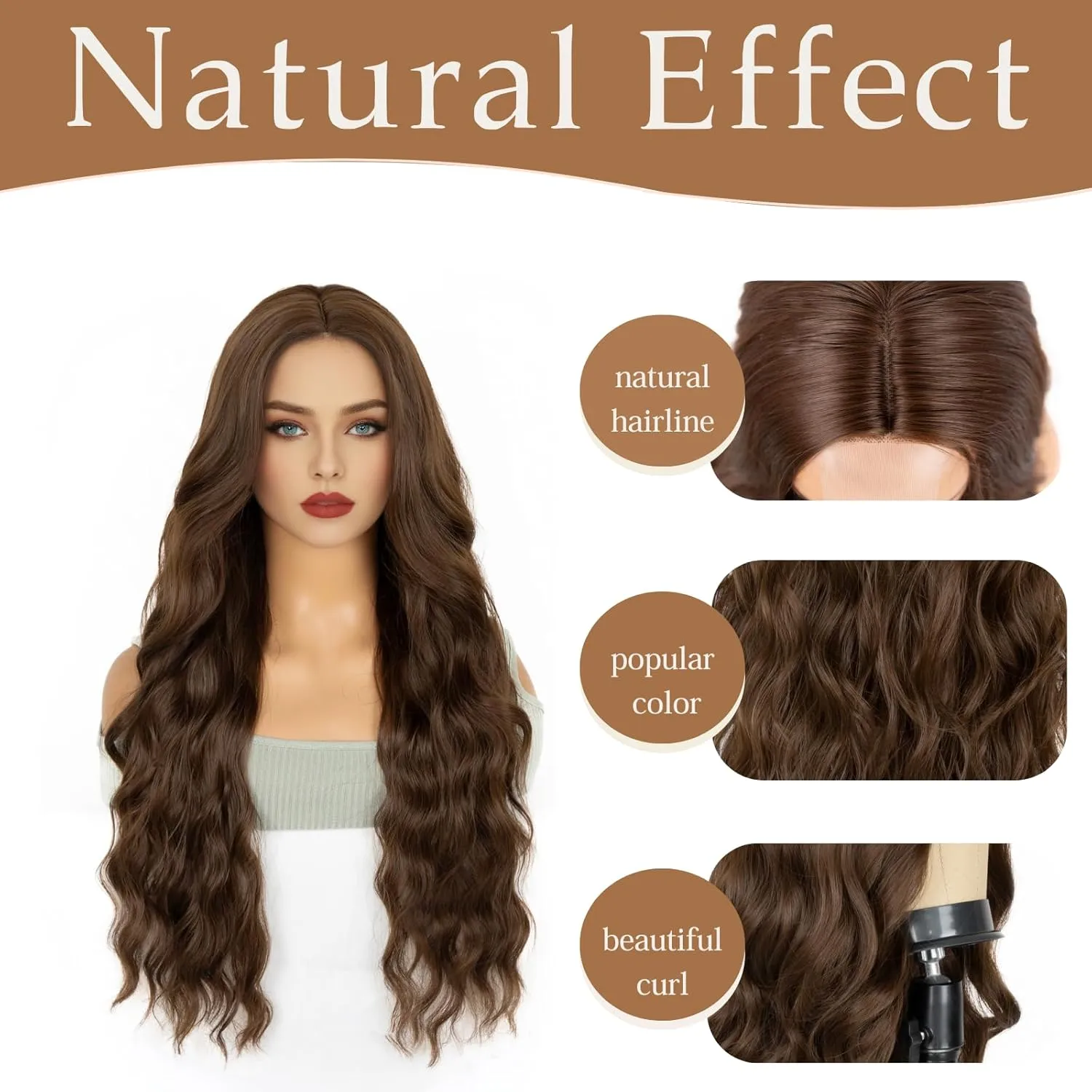 Long Chocolate Brown Wigs for Women,26 inch Lace Hairline Middle Part Long Curly Wig Heat Resistant Synthetic Hair Looking Natural, Fiber Wig for Daily Party Use