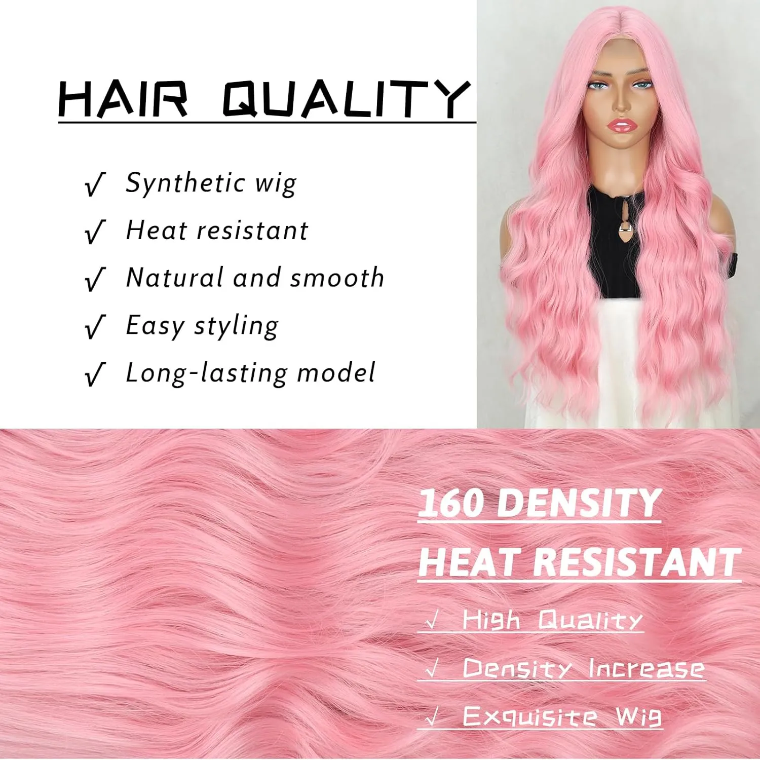 Long Pink Wigs for Women 26 Inch Long Curly Wig Natural Looking Synthetic Heat Resistant Fiber Pink Wavy Wig for Daily Party Halloween Use(Pink)