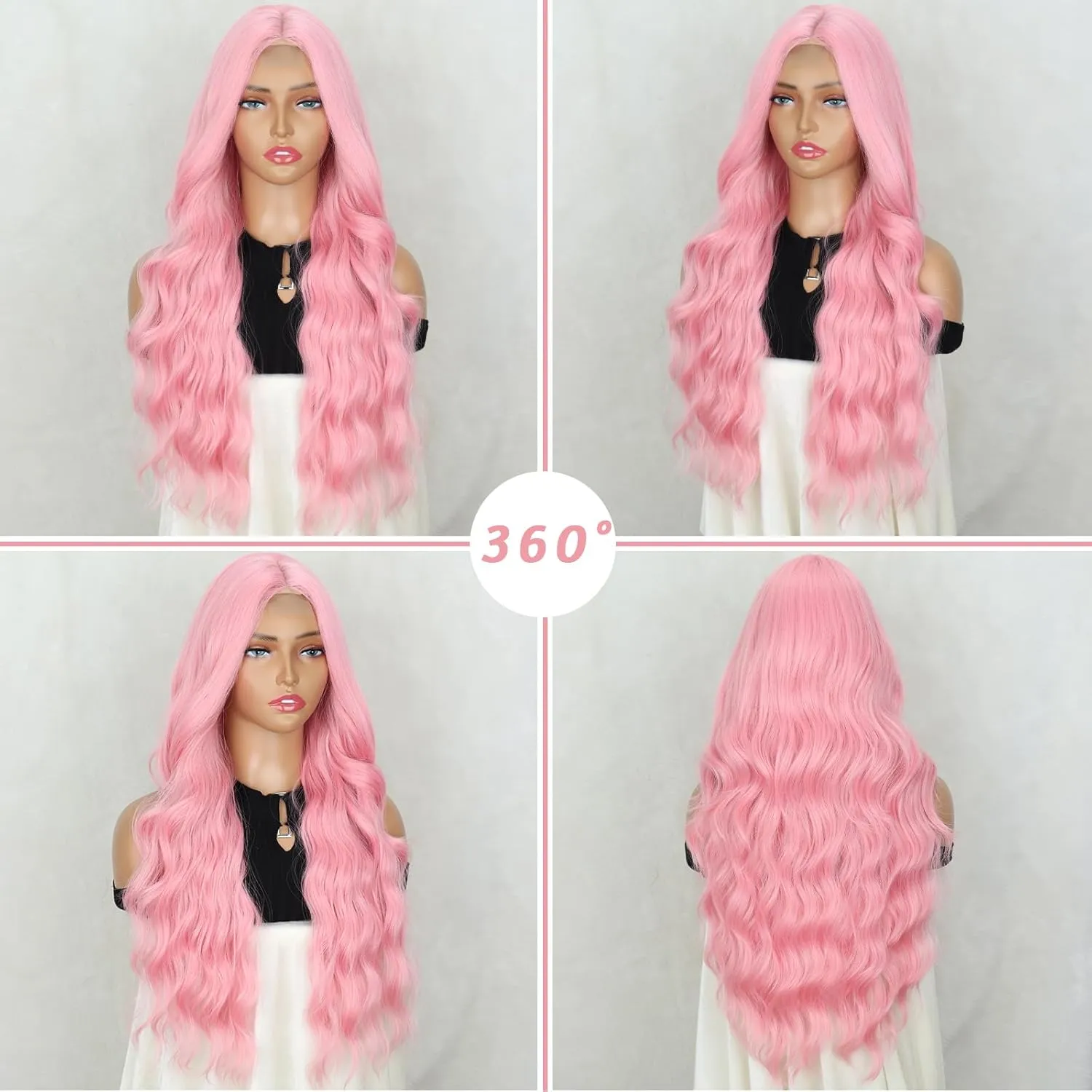 Long Pink Wigs for Women 26 Inch Long Curly Wig Natural Looking Synthetic Heat Resistant Fiber Pink Wavy Wig for Daily Party Halloween Use(Pink)