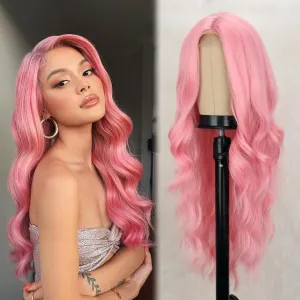 Long Pink Wigs for Women 26 Inch Long Curly Wig Natural Looking Synthetic Heat Resistant Fiber Pink Wavy Wig for Daily Party Halloween Use(Pink)