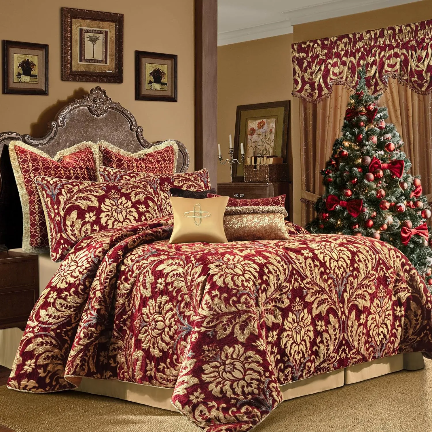Loom and Mill 9-Piece Chenille Jacquard Comforter Set, Luxury Christmas Red Comforter King Sets, Ultra Soft Floral Bedding with Euro Shams, Bedskirt, Filled Decorative Pillow for Home (Lafaye, King)