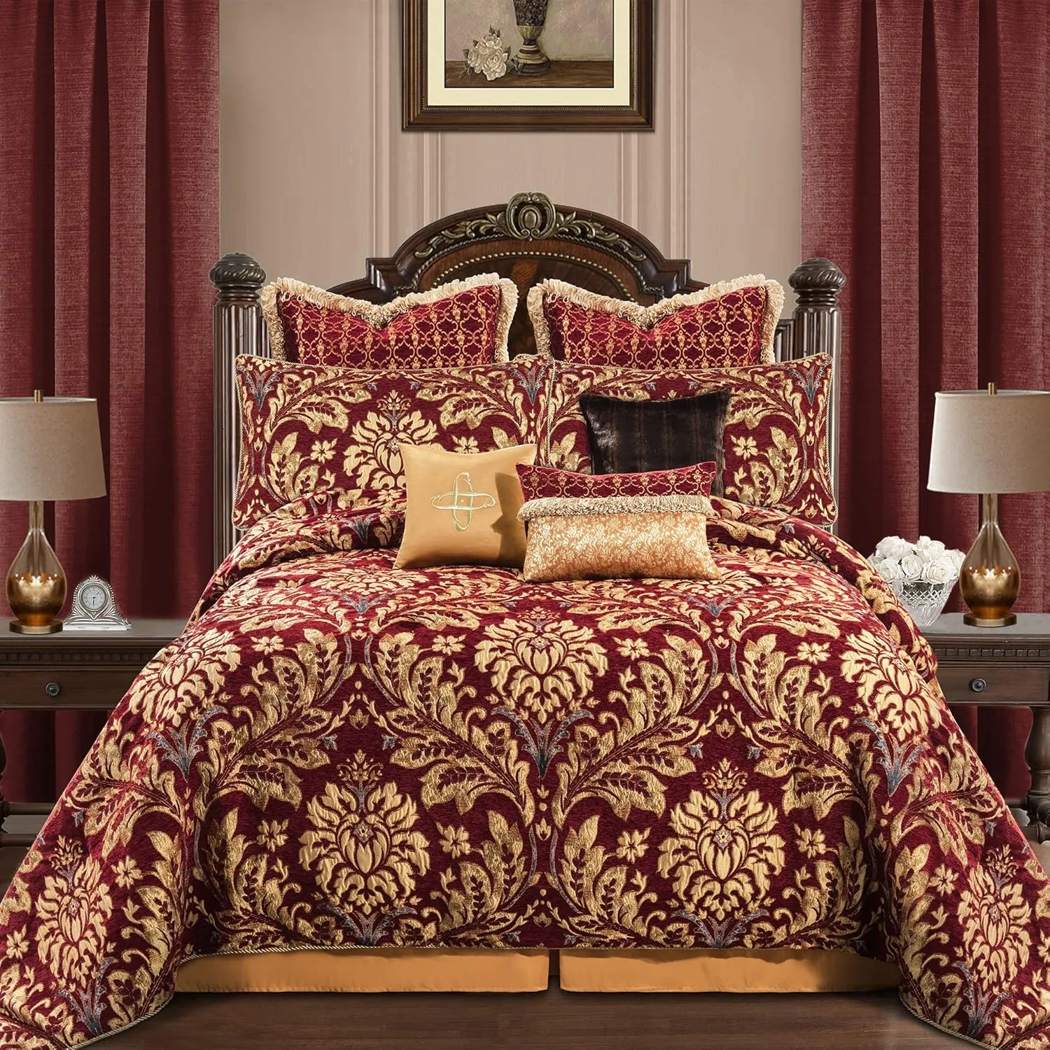 Loom and Mill 9-Piece Chenille Jacquard Comforter Set, Luxury Christmas Red Comforter King Sets, Ultra Soft Floral Bedding with Euro Shams, Bedskirt, Filled Decorative Pillow for Home (Lafaye, King)