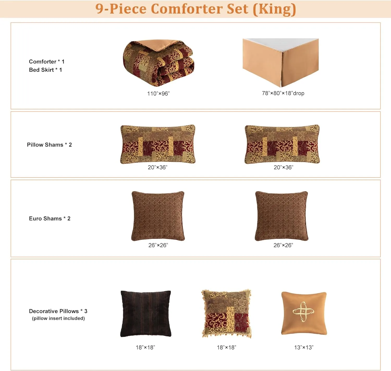 Loom and Mill 9-Piece Jacquard Luxury Traditional Patchwork Comforter Sets, Ultra Soft Bedding with Euro Shams, Bedskirt, Filled Decorative Pillow for Home (Loong, King),Red Gold