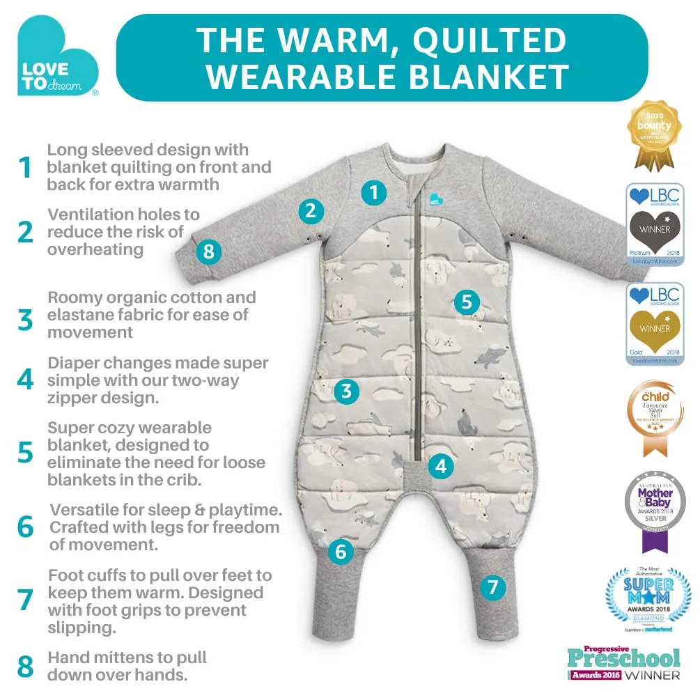 Love to Dream Extra Warm Baby Sleep Suit (12-24 Mo), Super Soft Temp Regulating Sleeping Sack, 3.5TOG Warm Wearable Blanket, Blue