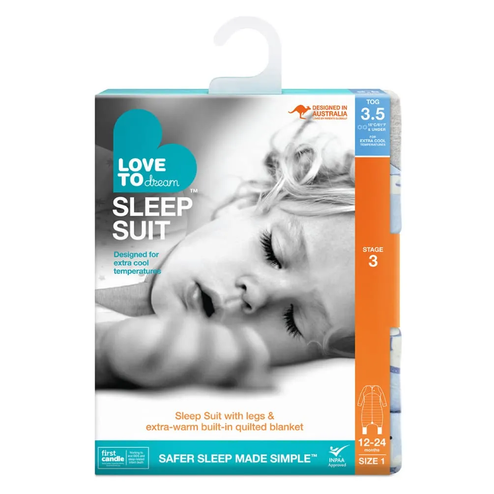 Love to Dream Extra Warm Baby Sleep Suit (12-24 Mo), Super Soft Temp Regulating Sleeping Sack, 3.5TOG Warm Wearable Blanket, Blue