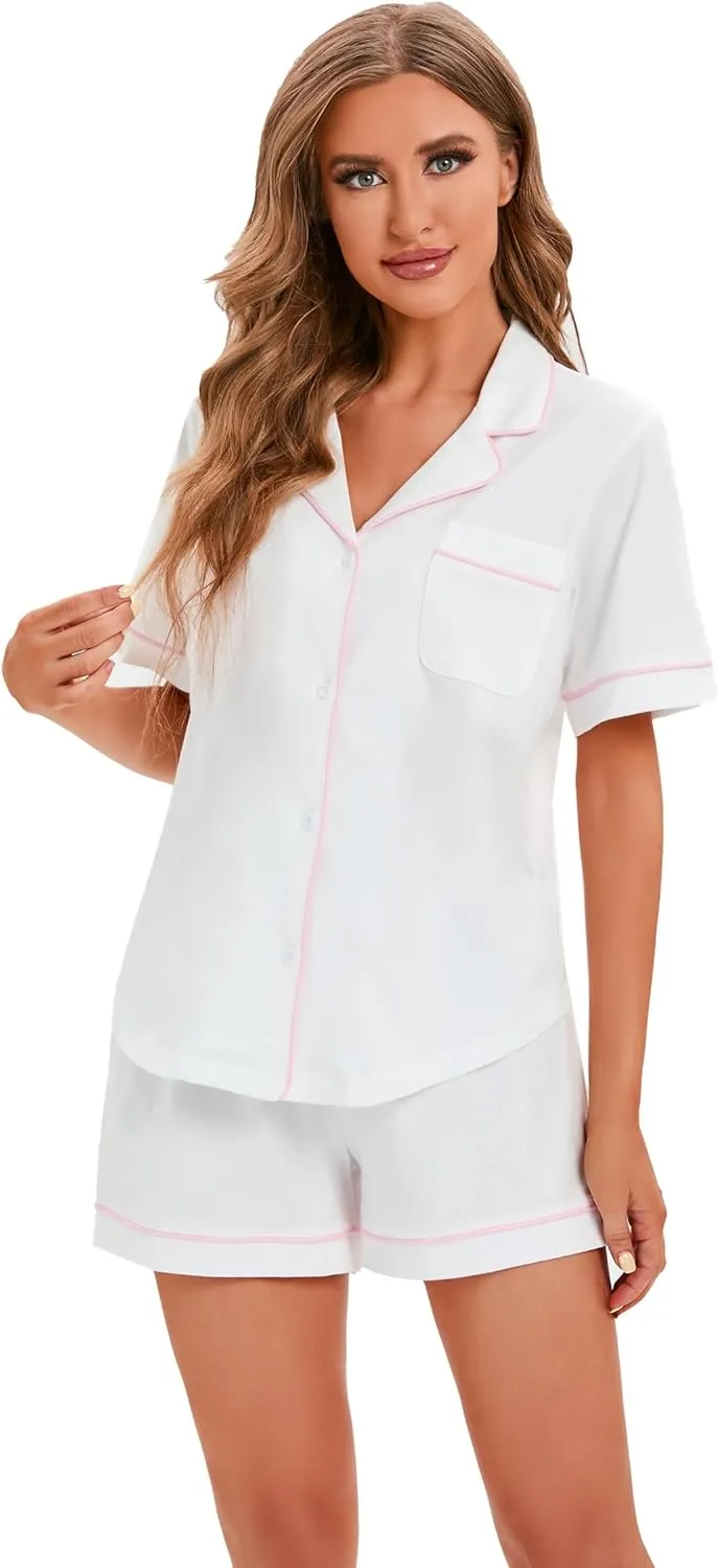 LUBOT 100% Cotton Pajamas for Women 2 Piece PJ Set Button-Down Soft Knit Short Sleeve Summer Sleepwear Loungewear XS-XXL
