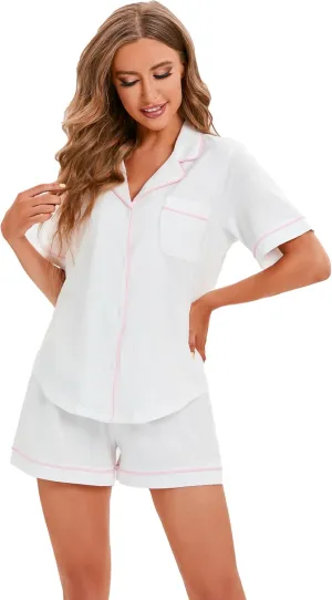 LUBOT 100% Cotton Pajamas for Women 2 Piece PJ Set Button-Down Soft Knit Short Sleeve Summer Sleepwear Loungewear XS-XXL