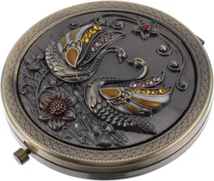 Lurrose Vintage Foldable Mini Makeup Mirror with Swan Flower Portable Metal Round Dual Sided Vanity Mirror Compact Travel Mirror Makeup Tool Accessory for Women Girls 7.5x7cm