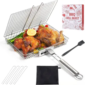 LUSSIER Grilling Basket for Outdoor Grill – Large Foldable Stainless Steel Barbeque Basket with Removable Handle, Skewers & Basting Brush Non-Stick BBQ Grill Basket for Veggies, Fish & Shrimps