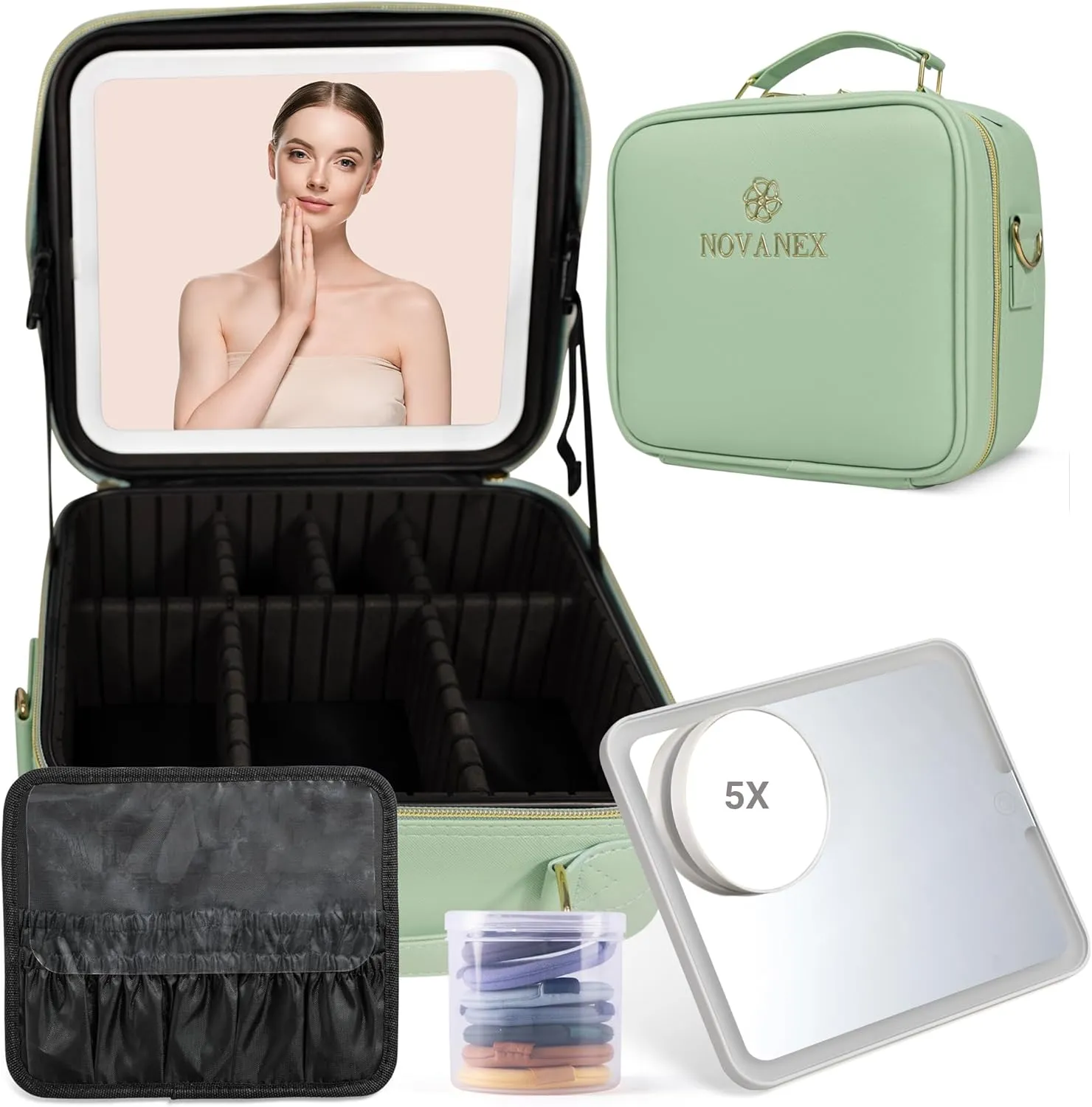 Luxe Makeup Bag: Professional Cosmetic Artist Organiser Case with Large LED Mirror and Adjustable Brightness. Partitionable and Portable Train Case with extra Accessories (Mint Green)