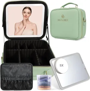 Luxe Makeup Bag: Professional Cosmetic Artist Organiser Case with Large LED Mirror and Adjustable Brightness. Partitionable and Portable Train Case with extra Accessories (Mint Green)