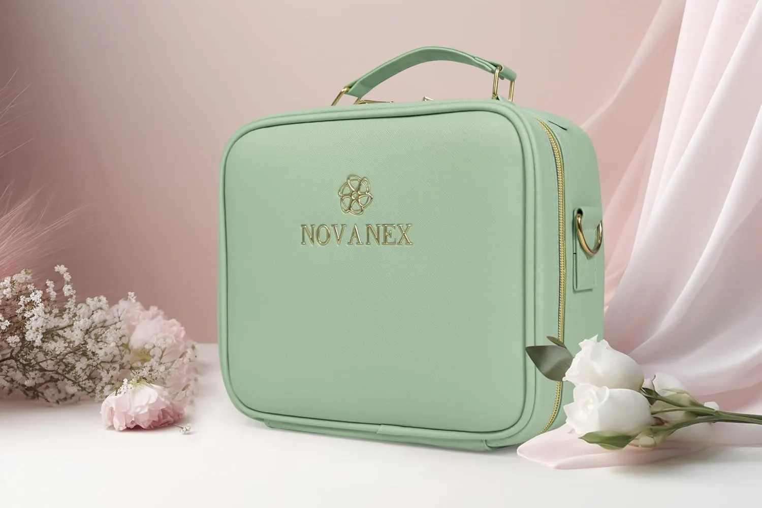 Luxe Makeup Bag: Professional Cosmetic Artist Organiser Case with Large LED Mirror and Adjustable Brightness. Partitionable and Portable Train Case with extra Accessories (Mint Green)