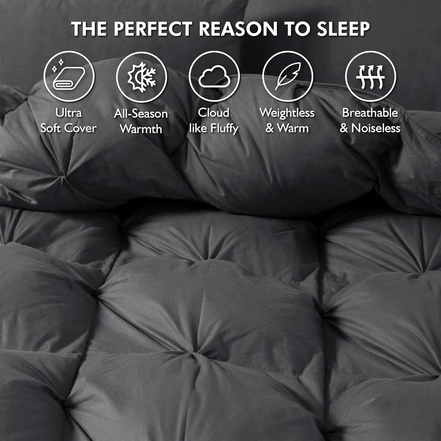 Luxurious All-Season Goose Down Feather Fiber Comforter King Size Duvet Insert, Exquisite Pinch Pleat Ruffled Twisted Flower, Premium Baffle Box, 100% Egyptian Cotton Cover, 70 oz. Fill Weight, Gray