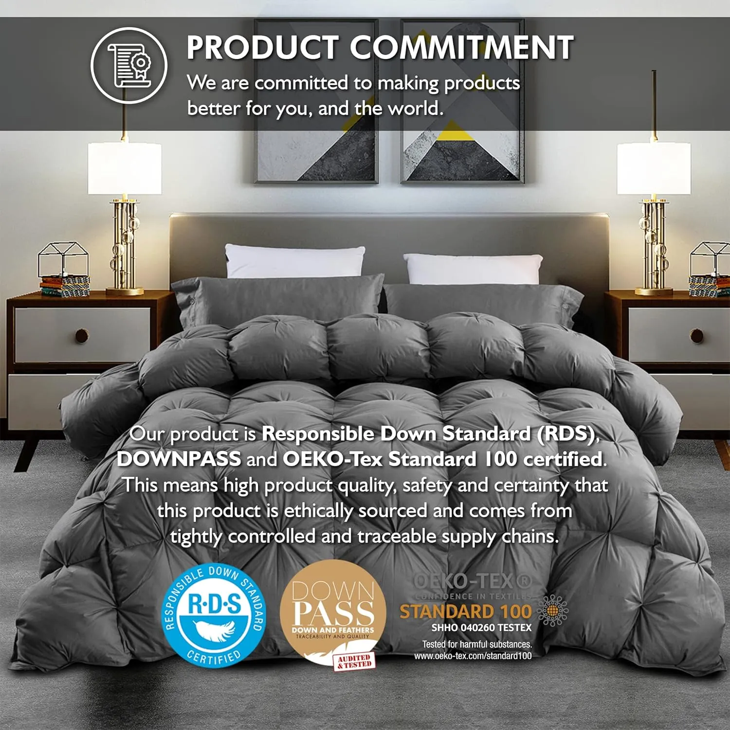 Luxurious All-Season Goose Down Feather Fiber Comforter King Size Duvet Insert, Exquisite Pinch Pleat Ruffled Twisted Flower, Premium Baffle Box, 100% Egyptian Cotton Cover, 70 oz. Fill Weight, Gray