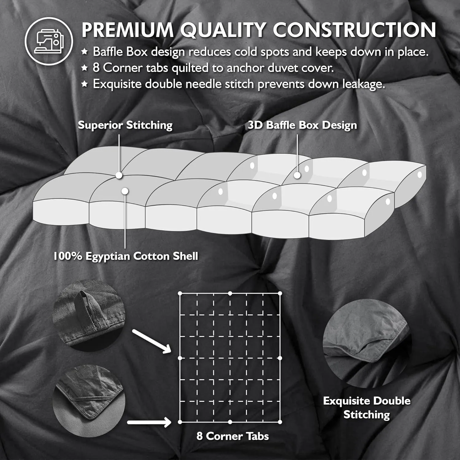 Luxurious All-Season Goose Down Feather Fiber Comforter King Size Duvet Insert, Exquisite Pinch Pleat Ruffled Twisted Flower, Premium Baffle Box, 100% Egyptian Cotton Cover, 70 oz. Fill Weight, Gray