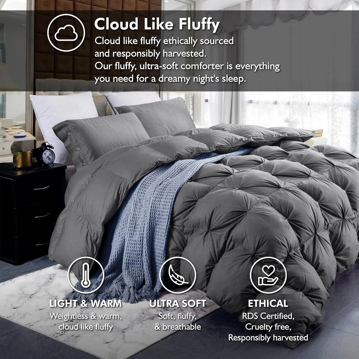 Luxurious All-Season Goose Down Feather Fiber Comforter King Size Duvet Insert, Exquisite Pinch Pleat Ruffled Twisted Flower, Premium Baffle Box, 100% Egyptian Cotton Cover, 70 oz. Fill Weight, Gray