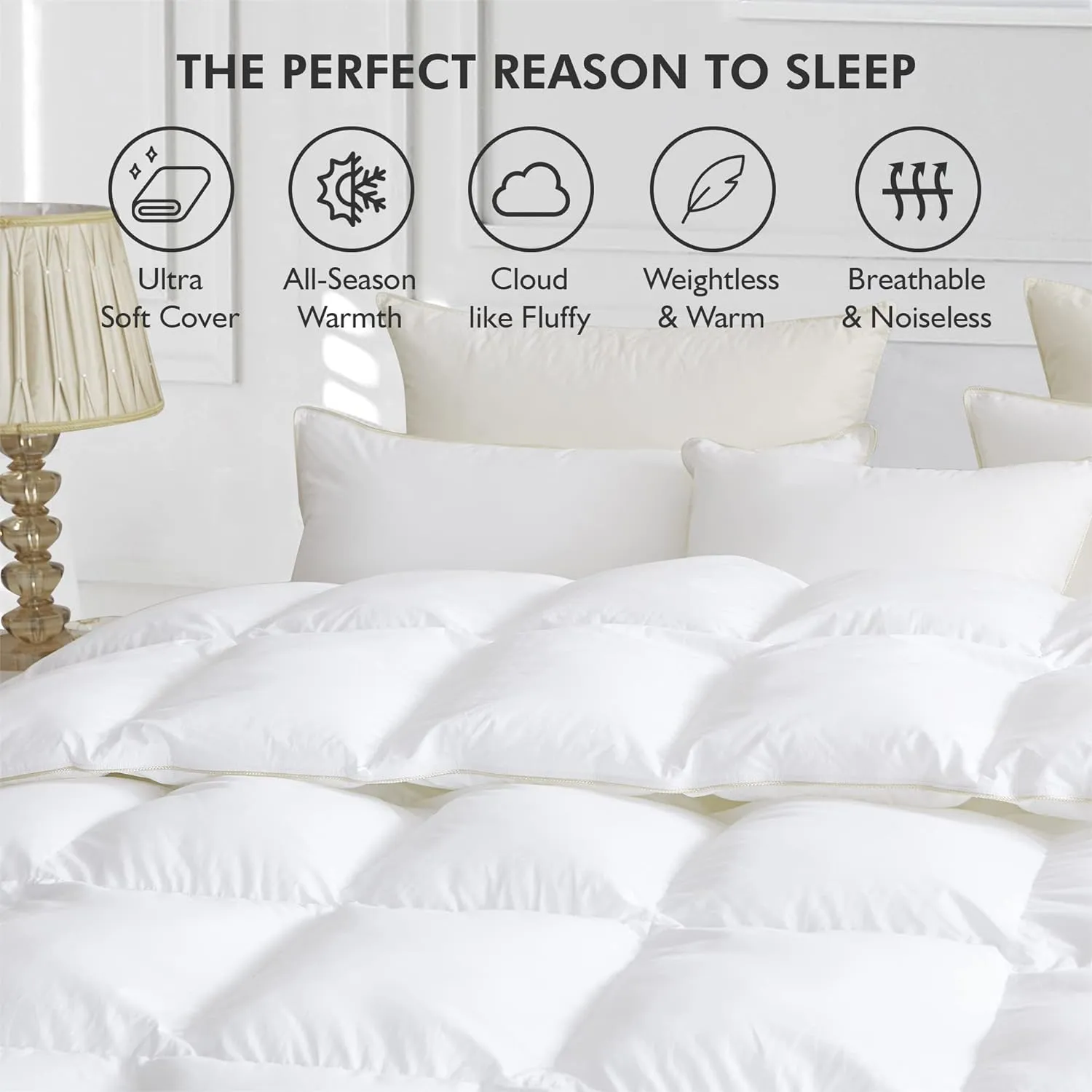 Luxurious White Solid Medium Weight, King Size Goose Feathers Down Comforter for All-Season Weather Duvet Insert, Premium Baffle Box, 100% Egyptian Cotton Cover, 65 oz. Fill Weight