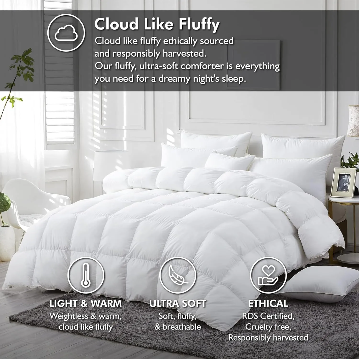 Luxurious White Solid Medium Weight, King Size Goose Feathers Down Comforter for All-Season Weather Duvet Insert, Premium Baffle Box, 100% Egyptian Cotton Cover, 65 oz. Fill Weight