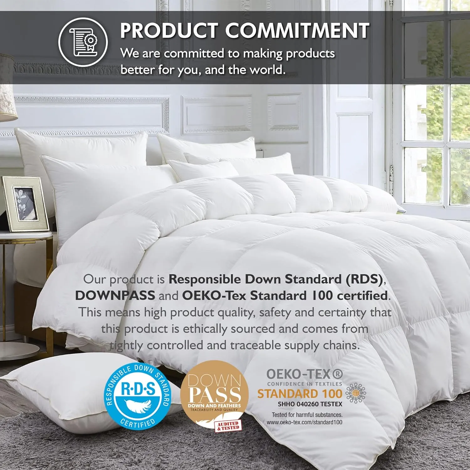 Luxurious White Solid Medium Weight, King Size Goose Feathers Down Comforter for All-Season Weather Duvet Insert, Premium Baffle Box, 100% Egyptian Cotton Cover, 65 oz. Fill Weight