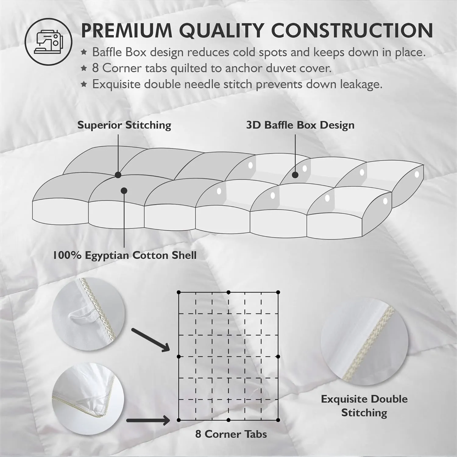 Luxurious White Solid Medium Weight, King Size Goose Feathers Down Comforter for All-Season Weather Duvet Insert, Premium Baffle Box, 100% Egyptian Cotton Cover, 65 oz. Fill Weight