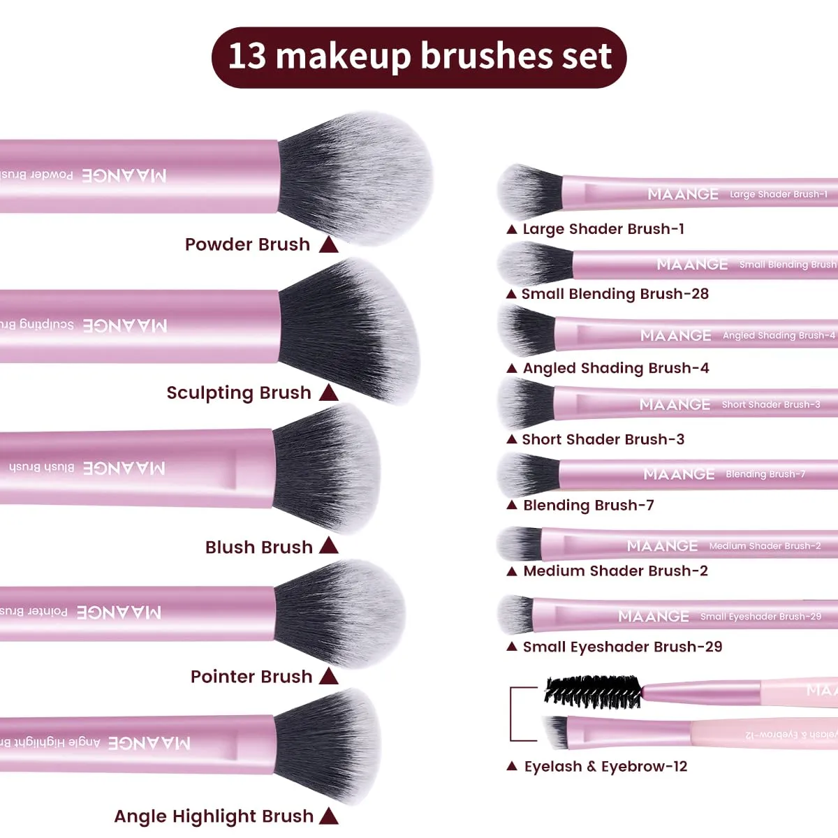 MAANGE 13 PCS Makeup Brushes Professional Make Up Brushes Premium Synthetic Powder Concealers Brushes Travel Makeup Brush Set with Case (Pink)