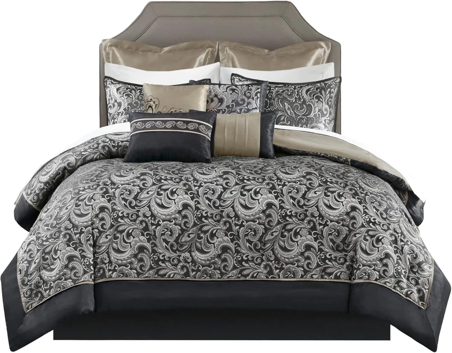 Madison Park Essentials Brystol 24 Piece Room in a Bag Faux Silk Comforter Jacquard Paisley Design Matching Curtains Down Alternative All Season Bedding-Set, Black 24 Piece, King(104 in x 92 in)