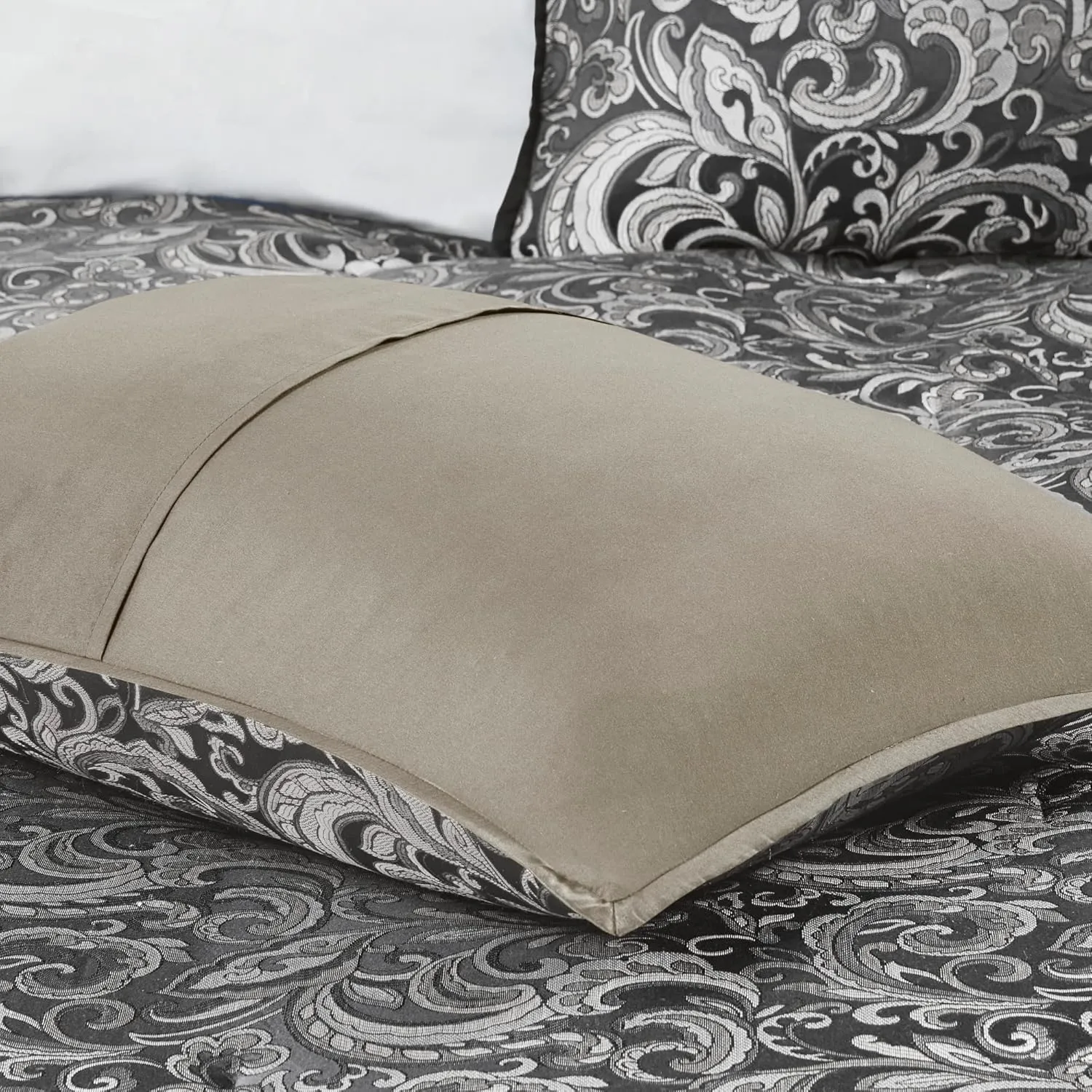 Madison Park Essentials Brystol 24 Piece Room in a Bag Faux Silk Comforter Jacquard Paisley Design Matching Curtains Down Alternative All Season Bedding-Set, Black 24 Piece, King(104 in x 92 in)
