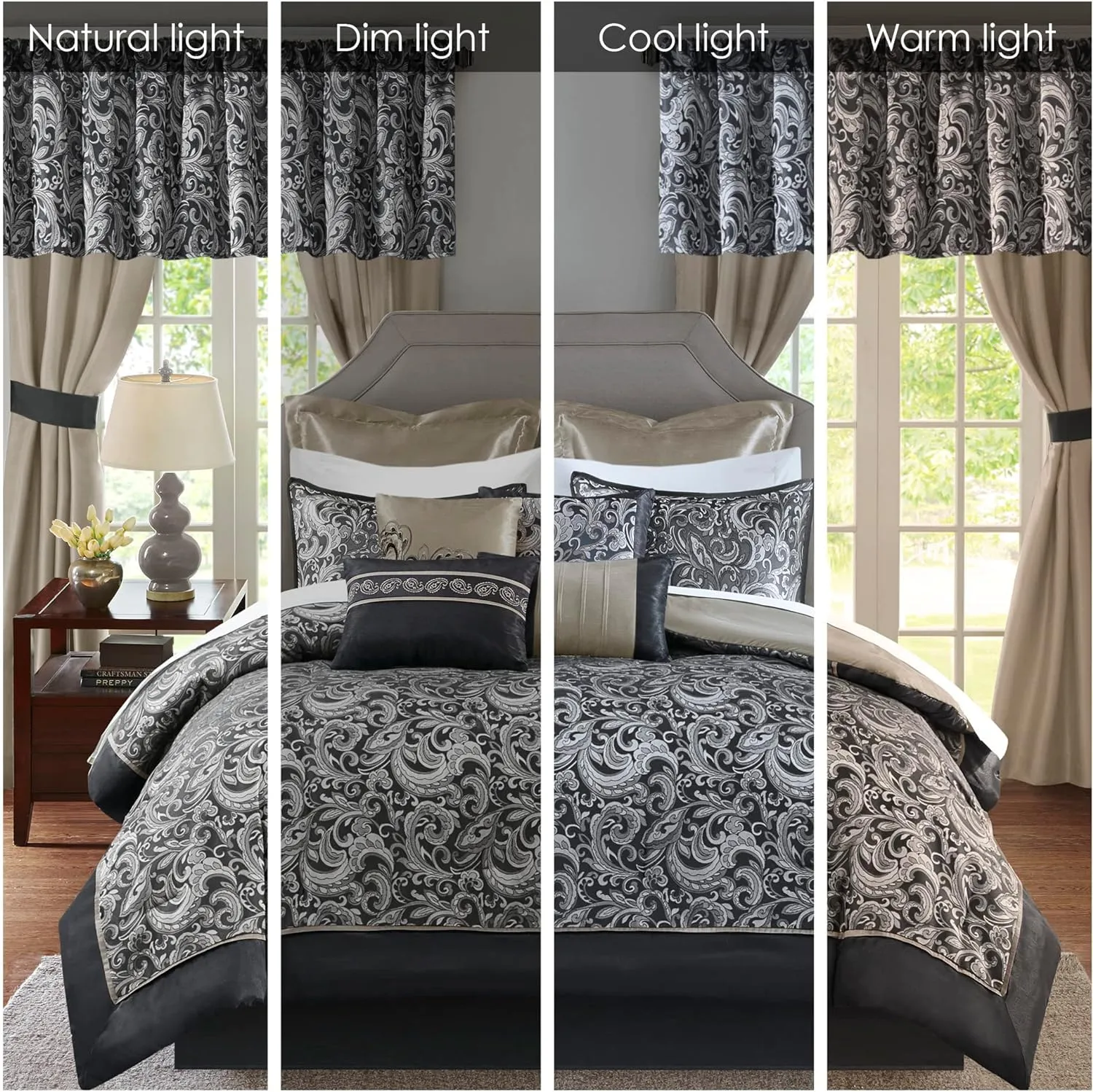 Madison Park Essentials Brystol 24 Piece Room in a Bag Faux Silk Comforter Jacquard Paisley Design Matching Curtains Down Alternative All Season Bedding-Set, Black 24 Piece, King(104 in x 92 in)