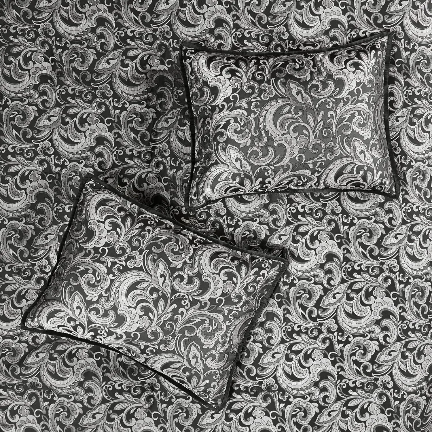 Madison Park Essentials Brystol 24 Piece Room in a Bag Faux Silk Comforter Jacquard Paisley Design Matching Curtains Down Alternative All Season Bedding-Set, Black 24 Piece, King(104 in x 92 in)
