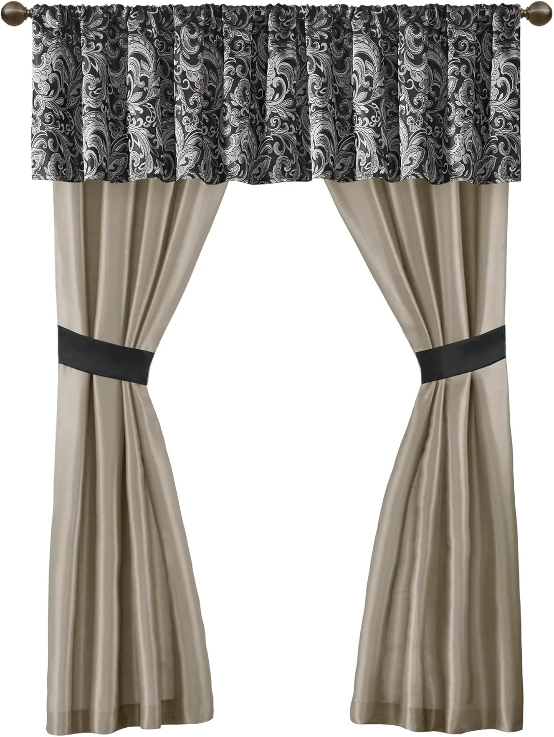 Madison Park Essentials Brystol 24 Piece Room in a Bag Faux Silk Comforter Jacquard Paisley Design Matching Curtains Down Alternative All Season Bedding-Set, Black 24 Piece, King(104 in x 92 in)