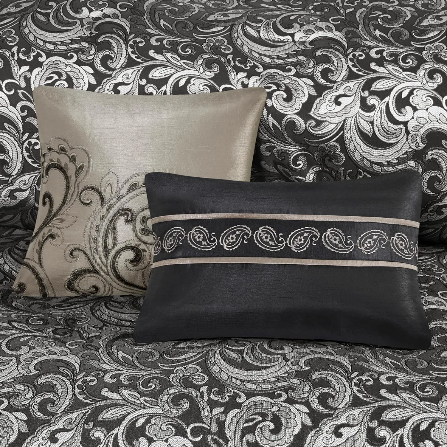 Madison Park Essentials Brystol 24 Piece Room in a Bag Faux Silk Comforter Jacquard Paisley Design Matching Curtains Down Alternative All Season Bedding-Set, Black 24 Piece, King(104 in x 92 in)
