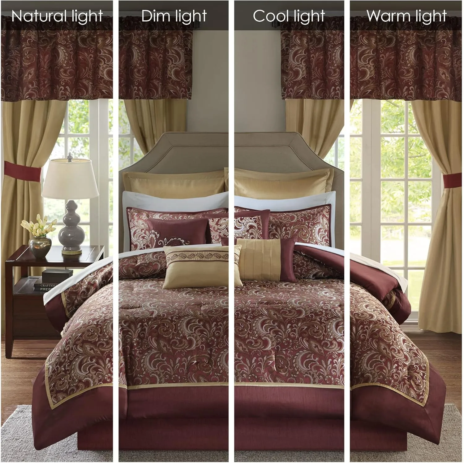 Madison Park Essentials Brystol 24 Piece Room in a Bag Faux Silk Comforter Jacquard Paisley Design Matching Curtains Down Alternative Hypoallergenic All Season Bedding-Set, King (104 in x 92 in), Red