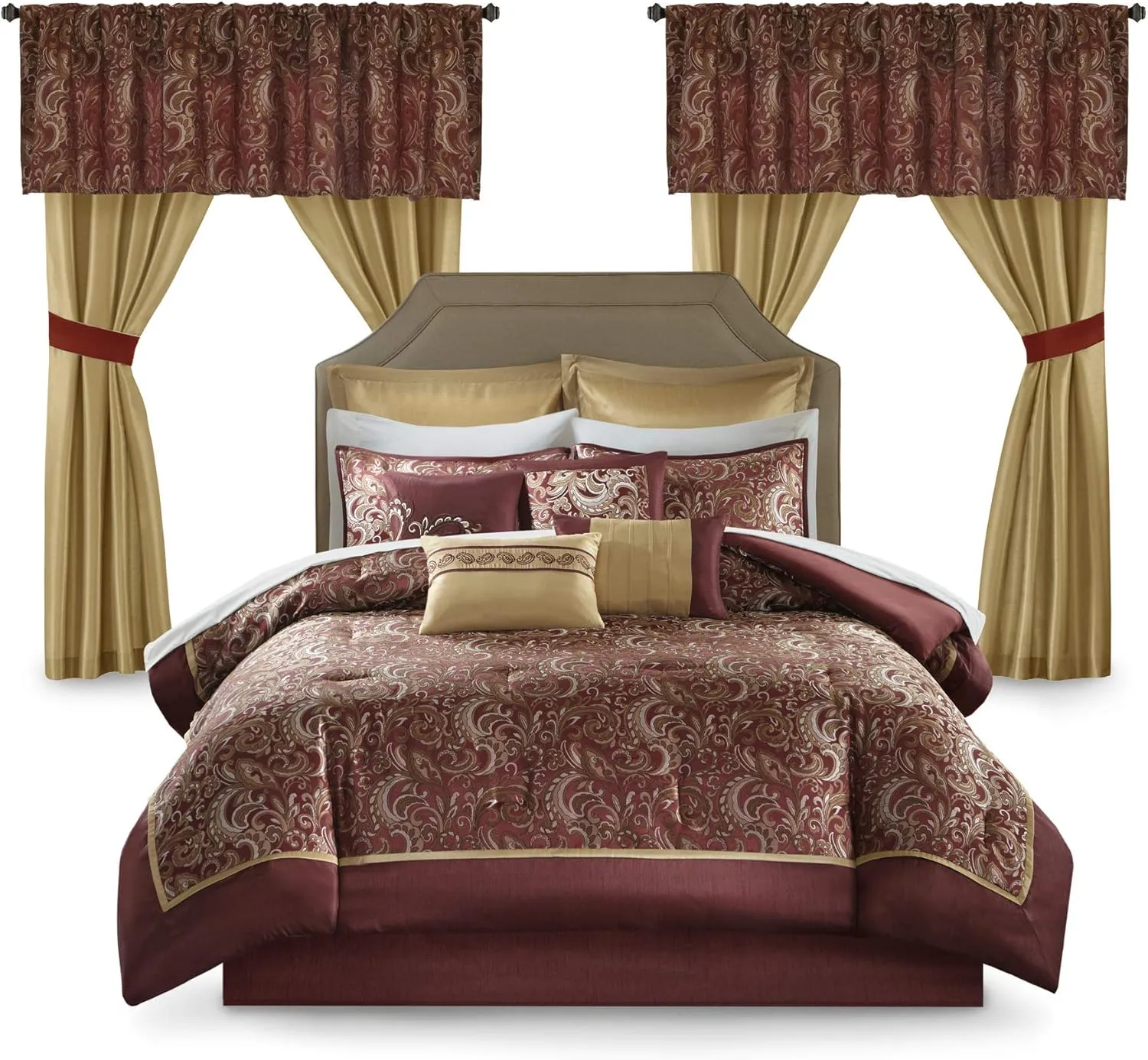 Madison Park Essentials Brystol 24 Piece Room in a Bag Faux Silk Comforter Jacquard Paisley Design Matching Curtains Down Alternative Hypoallergenic All Season Bedding-Set, Queen (90 in x 90 in), Red