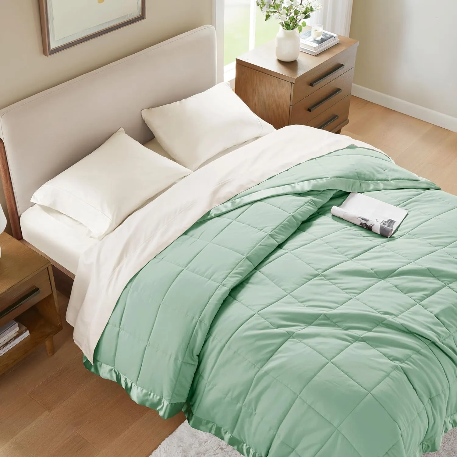Madison Park Windom Down Alternative Blanket, Premium 3M Scotchgard Moisture Wicking Treatment, Lightweight and Soft Bed Cover For All Season, Satin Trim, Seafoam Full/Queen