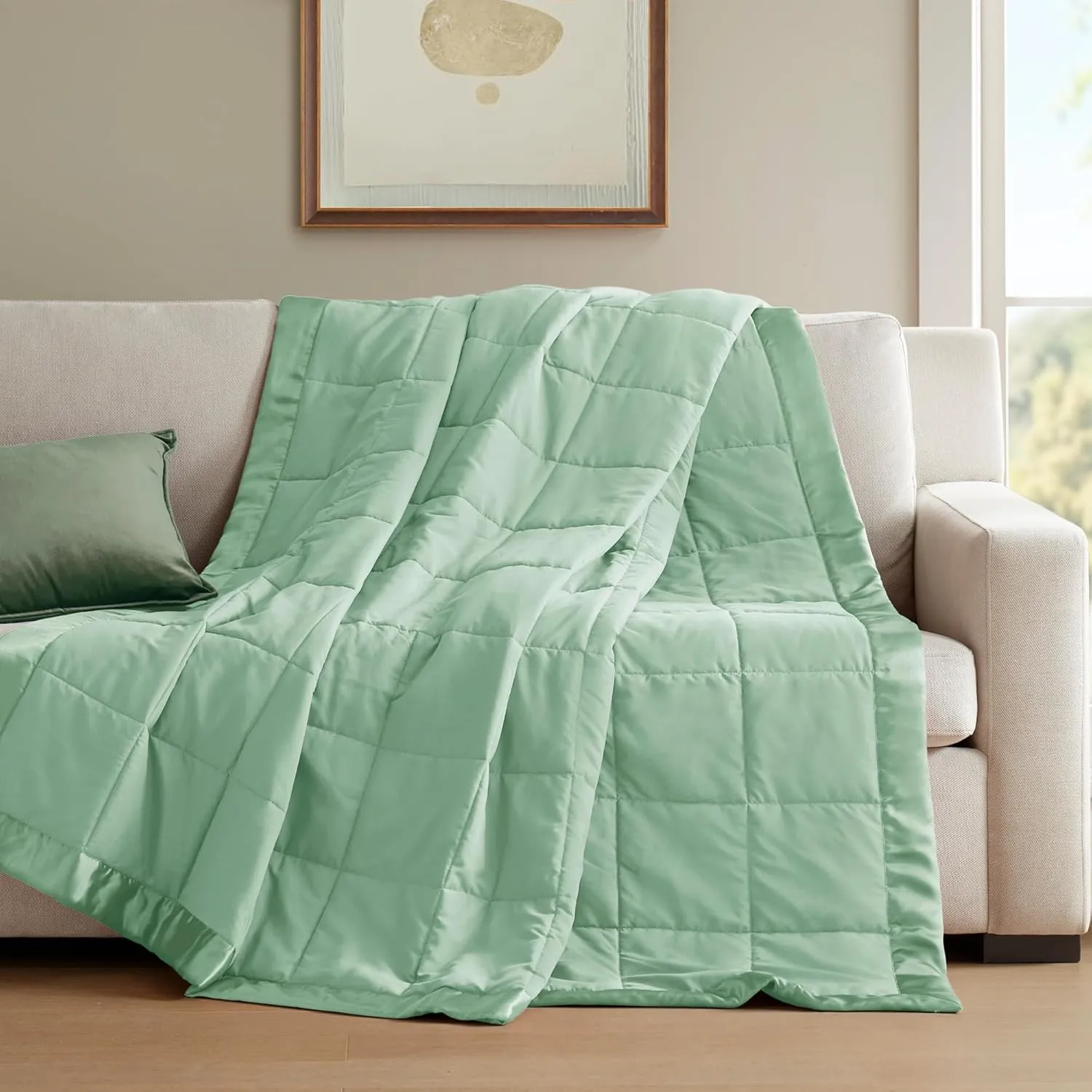 Madison Park Windom Down Alternative Blanket, Premium 3M Scotchgard Moisture Wicking Treatment, Lightweight and Soft Bed Cover For All Season, Satin Trim, Seafoam Full/Queen